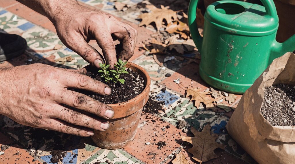 Manos con tierra plantando un esqueje en una maceta de barro en una terraza soleada, junto a una regadera verde