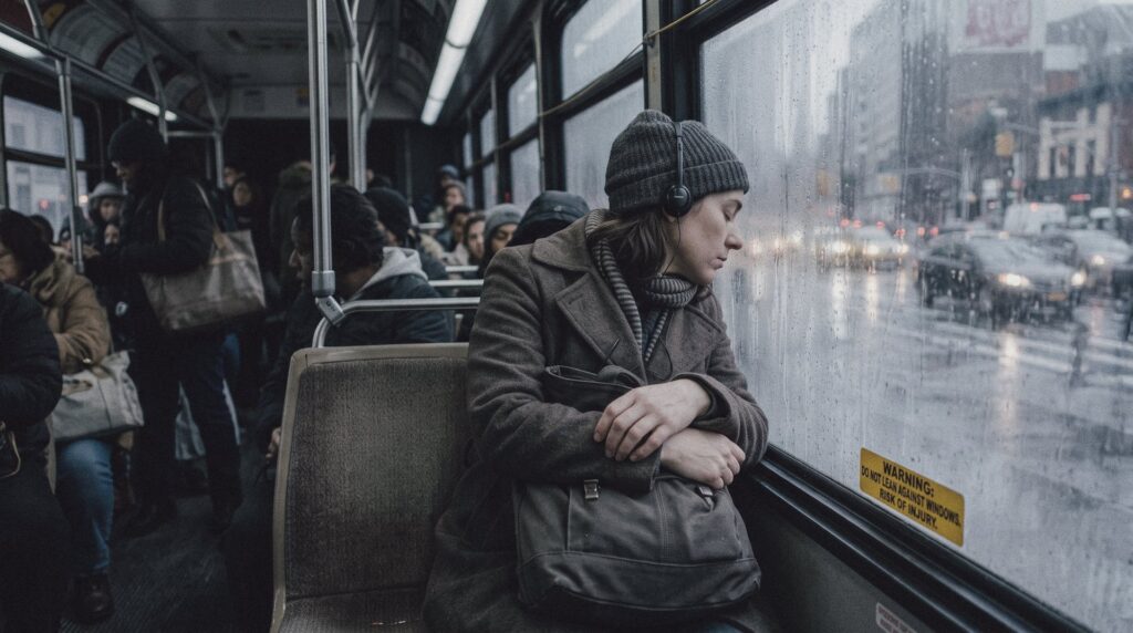 Persona sentada en un autobús urbano lleno una mañana de lluvia, mirando por la ventanilla empañada con gesto cansado