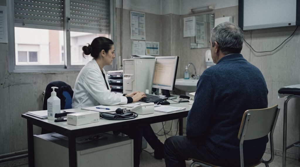 Paciente de espaldas en la consulta de su médica de cabecera, que toma notas en el ordenador de un centro de salud