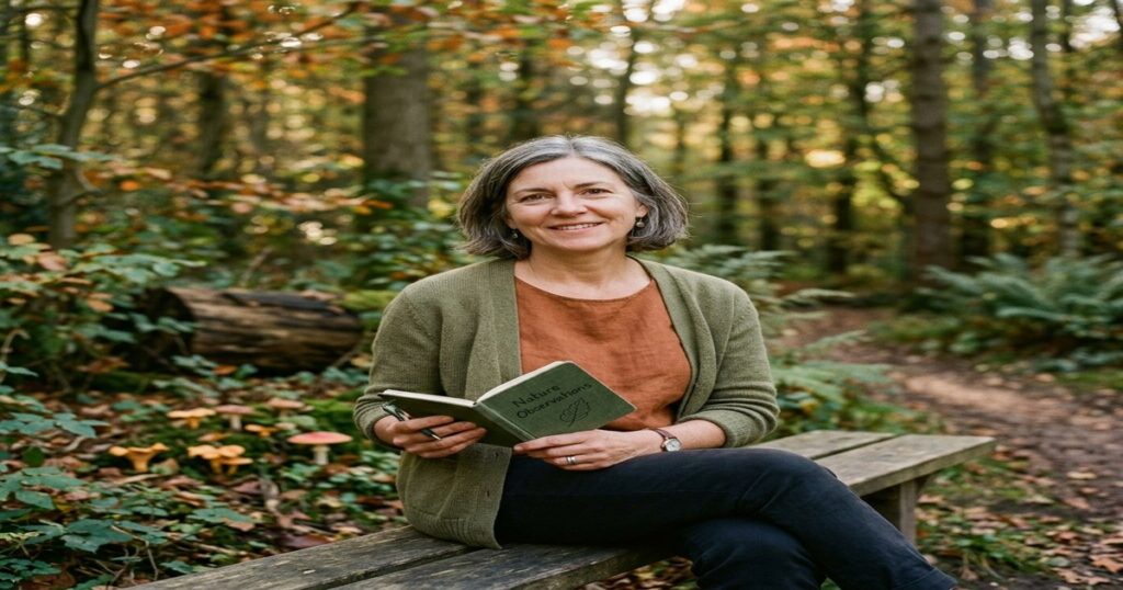 Mujer de mediana edad tomando microdosis, registrando su experiencia en cuaderno