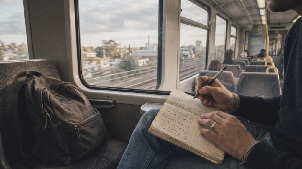 Manos de una persona anotando fechas y puntuaciones en una libreta sobre la rodilla, dentro de un tren de cercanías