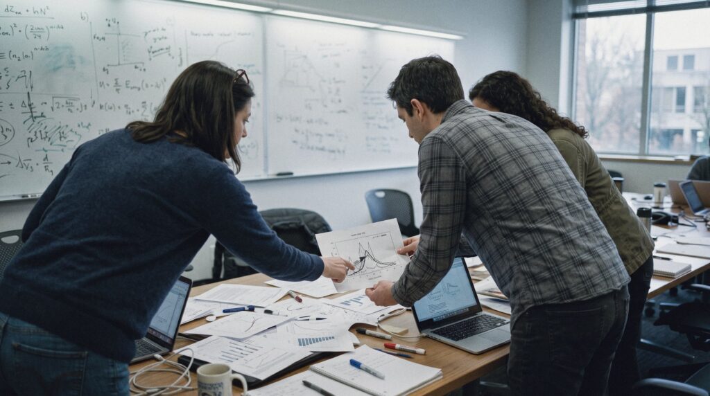 Investigadores revisando gráficas impresas sobre una mesa en una sala de reuniones universitaria