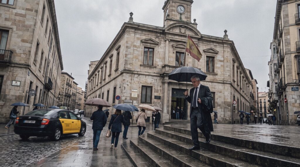 Fachada de piedra de un edificio judicial en una ciudad española un día de lluvia, con gente con paraguas y un abogado con toga bajando la escalinata