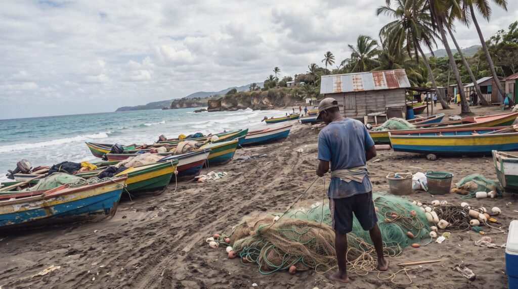 Playa de pescadores en la costa de Jamaica con barcas de madera de colores y un pescador arreglando una red