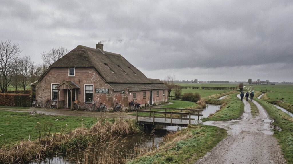 Granja de ladrillo con tejado de paja en el campo de los Países Bajos, con un canal delante y varias personas llegando por un camino mojado