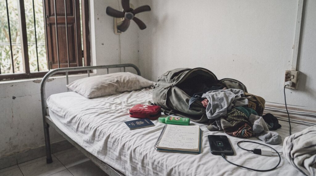 Mochila de viaje abierta sobre la cama de un hostal, con pasaporte, botiquín, repelente y una libreta con preguntas