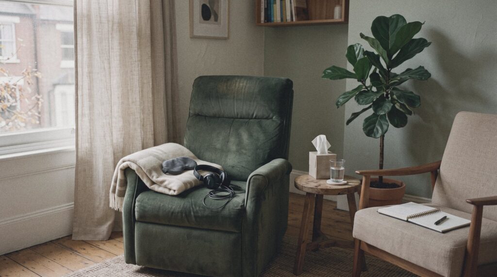 Sala de terapia de una clínica con un sillón reclinable, un antifaz y unos cascos, una butaca para el terapeuta y una planta junto a la ventana