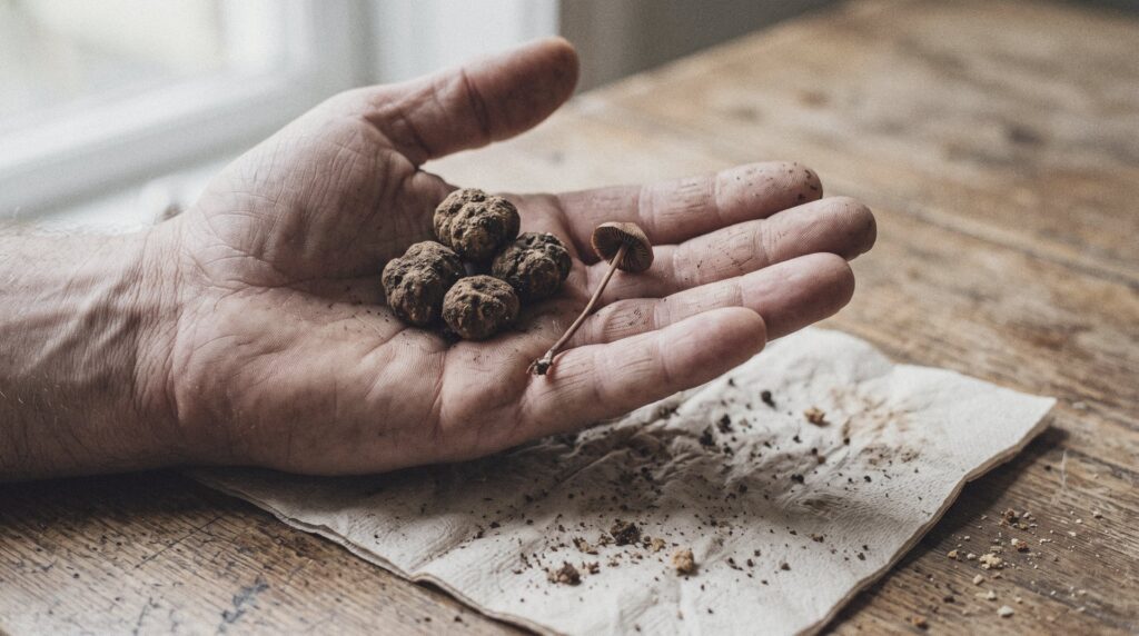 Mano abierta con unas trufas mágicas marrones junto a una seta pequeña y seca, sobre una servilleta de papel en una mesa de cocina