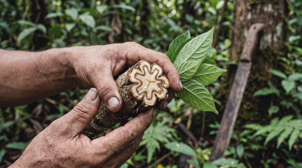 Manos sosteniendo un trozo de liana de ayahuasca recién cortada, con el dibujo lobulado del corte, junto a hojas de chacruna en la selva amazónica