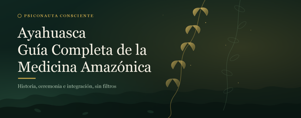 Ilustracion de una enredadera de ayahuasca dorada sobre fondo verde oscuro con silueta de dosel selvatico