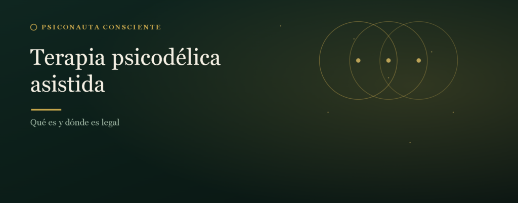 Tres circulos dorados superpuestos sobre fondo verde oscuro, simbolizando las tres fases de la terapia psicodelica asistida