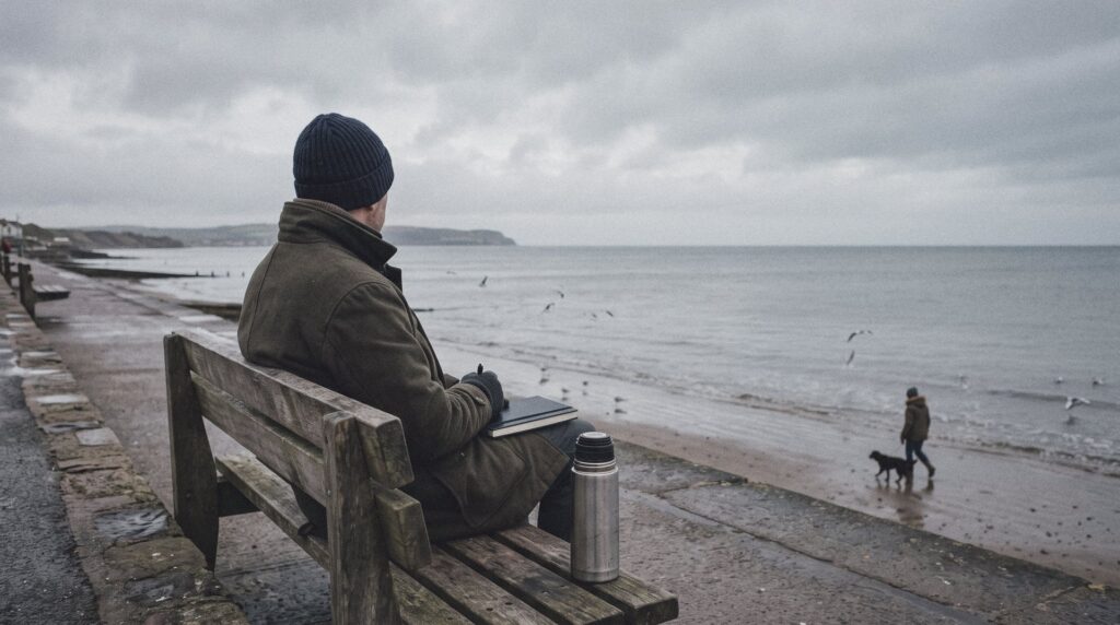 Persona de espaldas sentada sola en un banco de un paseo marítimo en invierno, mirando un mar gris y tranquilo