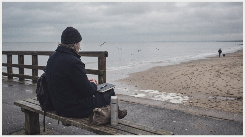 Persona con abrigo y gorro sentada en un banco junto a la playa en invierno, con un termo a su lado