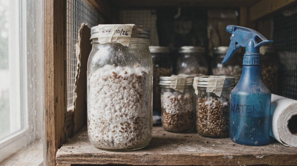 Tarro de cristal con grano de centeno colonizado por micelio blanco en la balda de un armario de cultivo casero, junto a otros tarros y un pulverizador