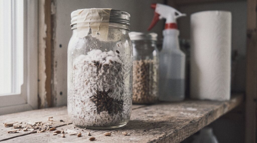 Tarros de cultivo con micelio en distintas fases sobre una balda de madera junto a una ventana
