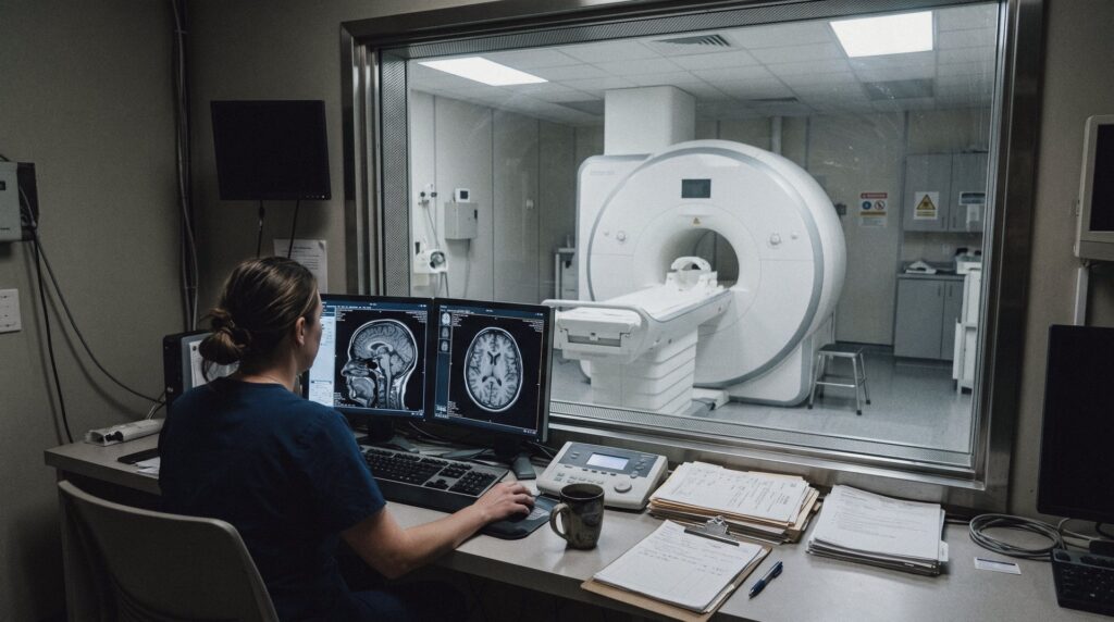 Técnica de espaldas revisando escáneres cerebrales en la cabina de control de una sala de resonancia magnética de un hospital