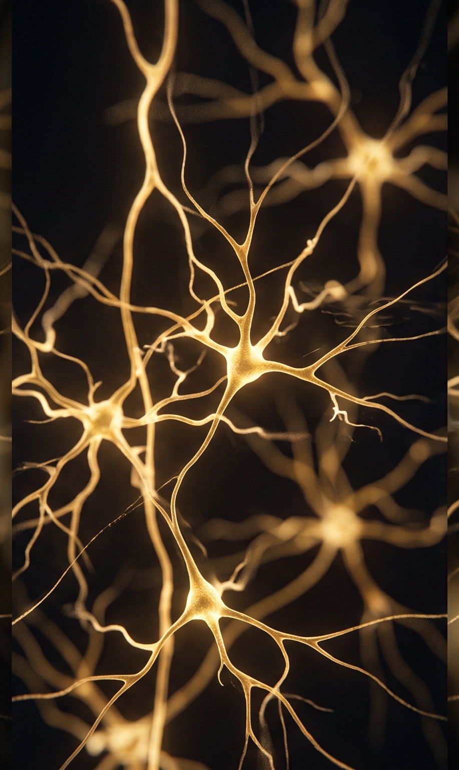Red de sinapsis neuronales brillando en dorado sobre fondo oscuro