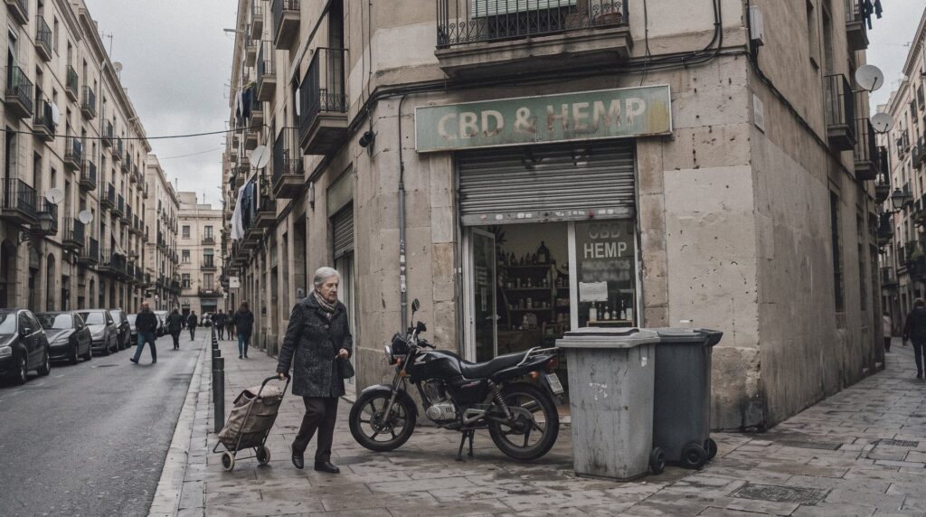 Pequeña tienda de CBD y cáñamo con la persiana medio subida en una calle de una ciudad española, con una señora pasando con el carro de la compra