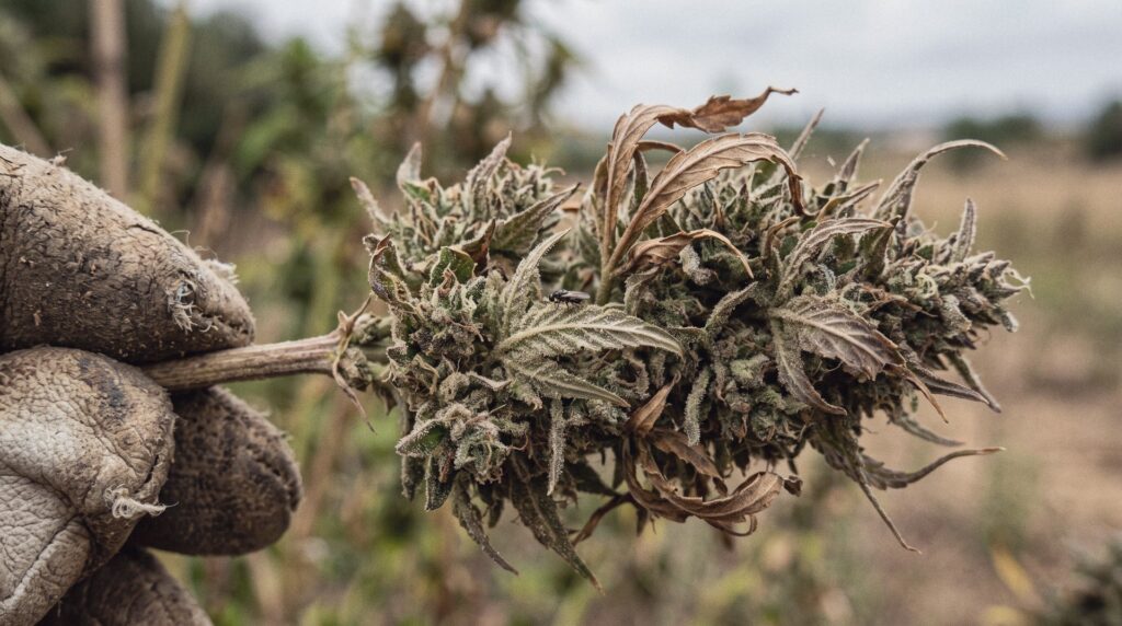 Mano con guante de trabajo sujetando una flor de cáñamo en un campo al final del verano