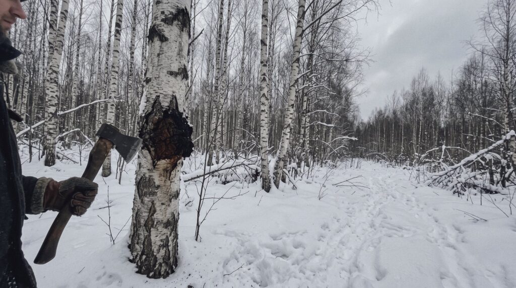 Chaga negra y agrietada en el tronco de un abedul en un bosque nevado, con una persona sujetando un hacha