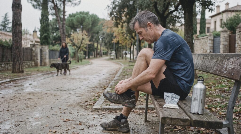 Corredor aficionado atándose las zapatillas en un banco de un parque, con una botella metálica y una bolsita de cápsulas a su lado