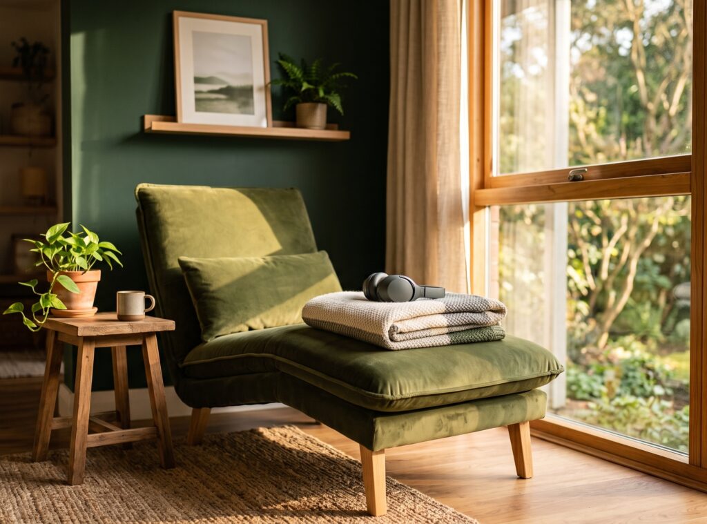 Sala de terapia tranquila con sillón, manta y auriculares junto a una ventana