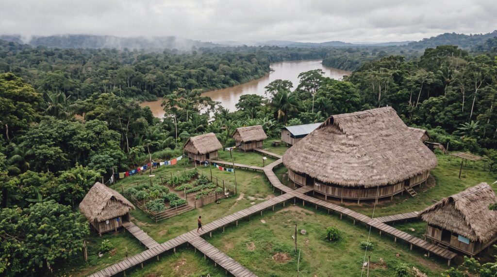 Vista aérea de un centro de retiro en un claro de la selva amazónica peruana, con una maloca grande de techo de palma, cabañas y pasarelas de madera