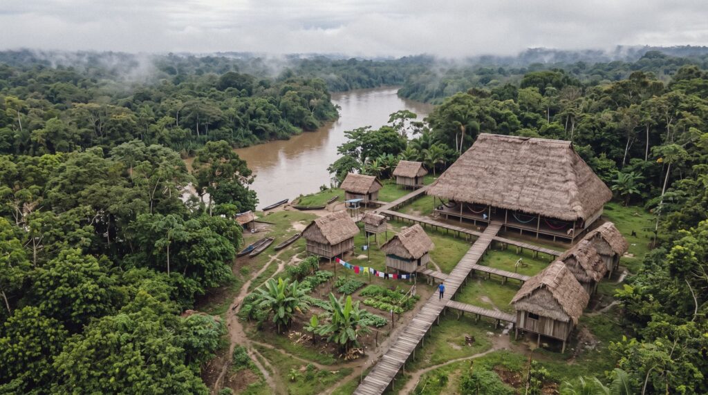 Maloca y cabañas de techo de palma junto a un río en la selva amazónica, vistas desde el aire en una mañana nublada