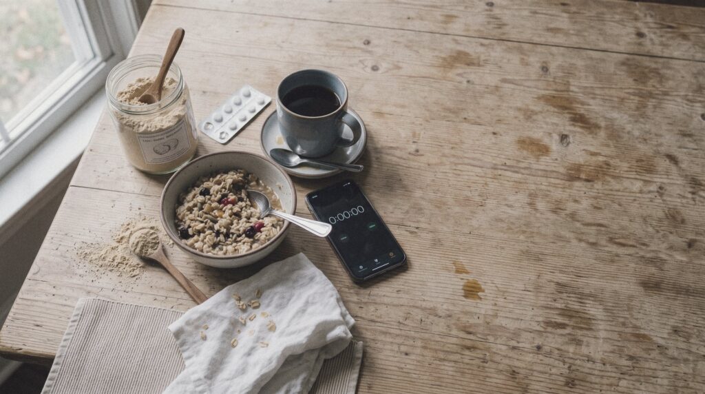 Mesa de desayuno vista desde arriba con un bote de polvo de Melena de León, una tira de pastillas de niacina, un cuenco de avena y una taza de café