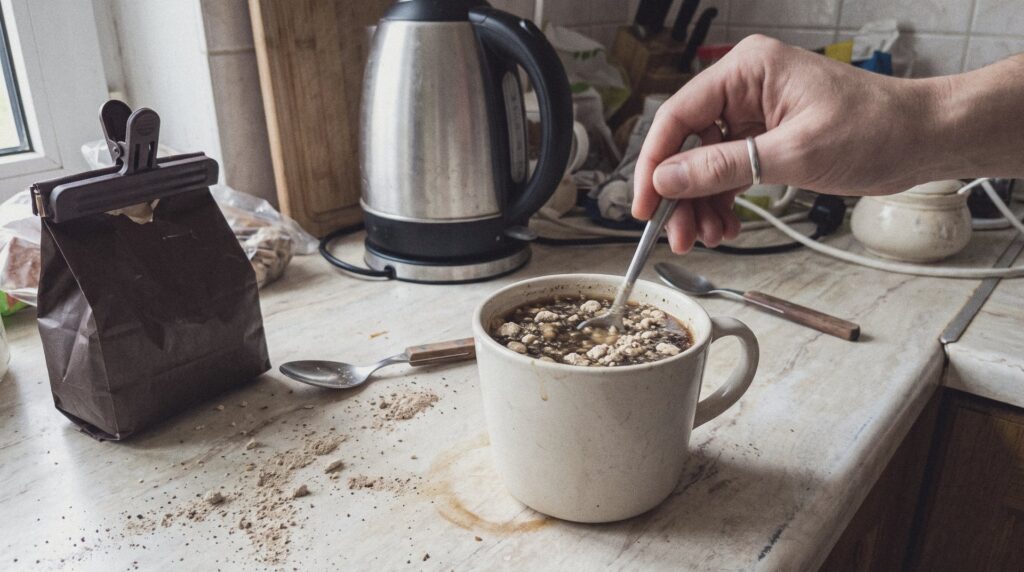 Mano removiendo polvo de Melena de León en una taza de café sobre la encimera de una cocina