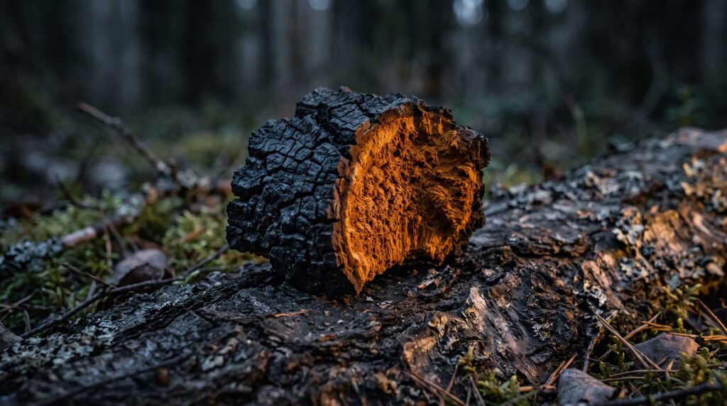 Trozo de Chaga cortado mostrando su interior naranja sobre tronco en el bosque