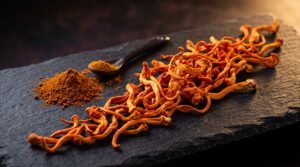 Hongos Cordyceps deshidratados junto a polvo en cuchara sobre pizarra