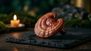Hongo Reishi sobre pizarra oscura con vela encendida al fondo
