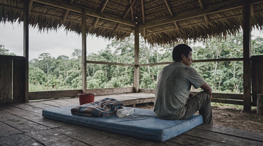 Hombre sentado de espaldas sobre un colchón en una maloca de la selva amazónica peruana, mirando la vegetación en un día nublado