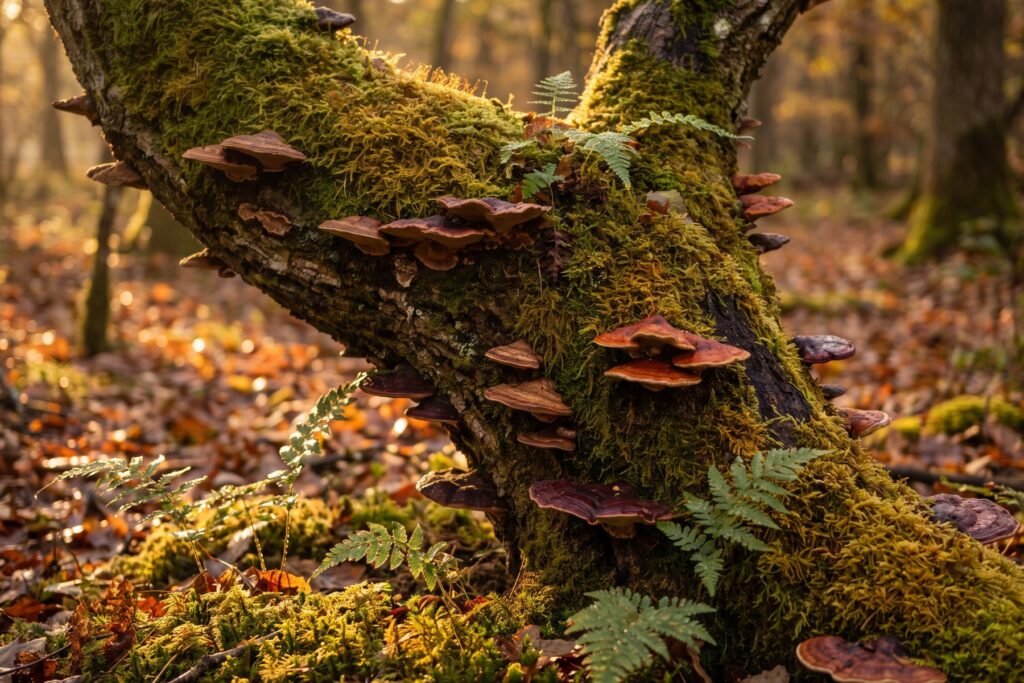 Hongos repisa silvestres creciendo en un tronco cubierto de musgo en un bosque otoñal con luz dorada