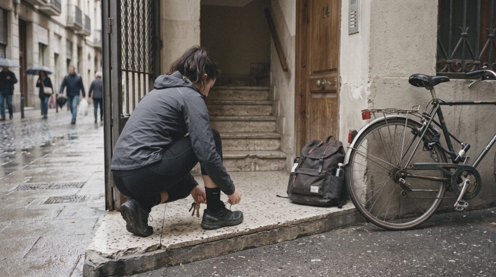 Persona de espaldas agachada atándose las zapatillas de correr en el portal de un edificio, con una bicicleta al lado y la acera mojada