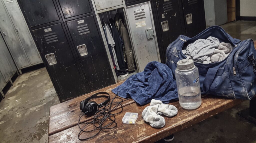 Banco de un vestuario de gimnasio con una bolsa de deporte abierta, una toalla, una botella de agua y un pastillero pequeño