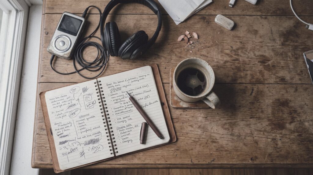 Reproductor de musica portatil y auriculares junto a un cuaderno de notas escritas a mano sobre una mesa de madera