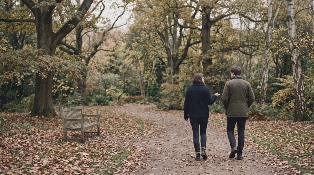 Dos personas caminando despacio y conversando por un sendero con hojas caídas en otoño