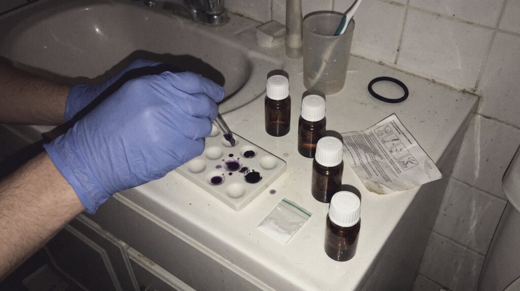 Manos con guantes de nitrilo aplicando reactivo sobre una placa de ensayo con reacción morada, junto a frascos de reactivo en la encimera de un baño