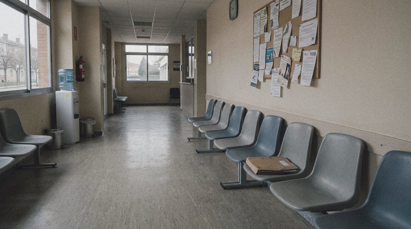 Sala de espera vacía de un centro de salud con sillas de plástico en fila y una carpeta olvidada sobre una de ellas