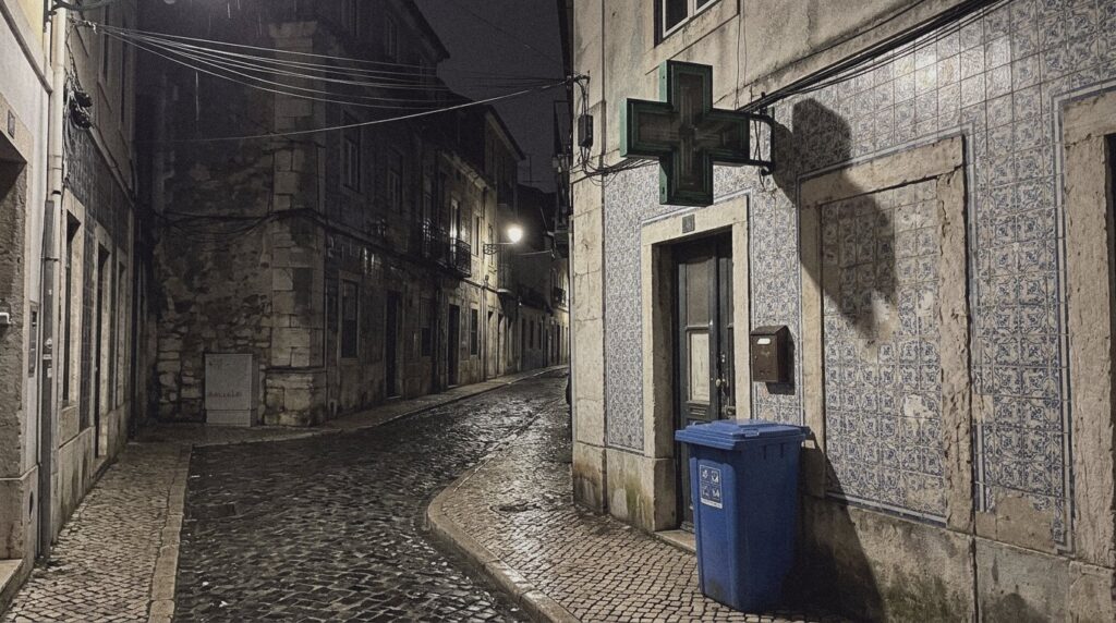Esquina de una calle de Lisboa de noche con la cruz verde de una farmacia sobre una fachada de azulejos desconchados y un contenedor azul