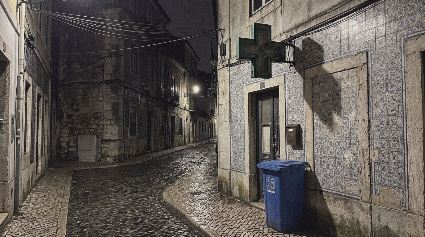 Esquina de una calle de Lisboa de noche con la cruz verde de una farmacia sobre una fachada de azulejos desconchados y un contenedor azul