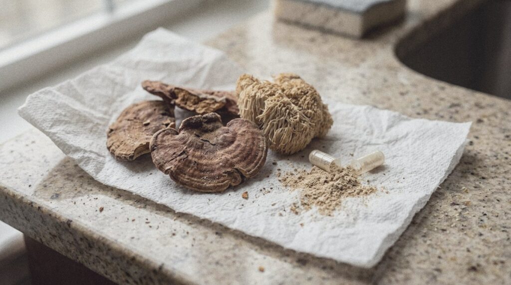 Rodajas secas de reishi y un trozo de melena de león junto a una cápsula abierta con polvo derramado sobre papel de cocina