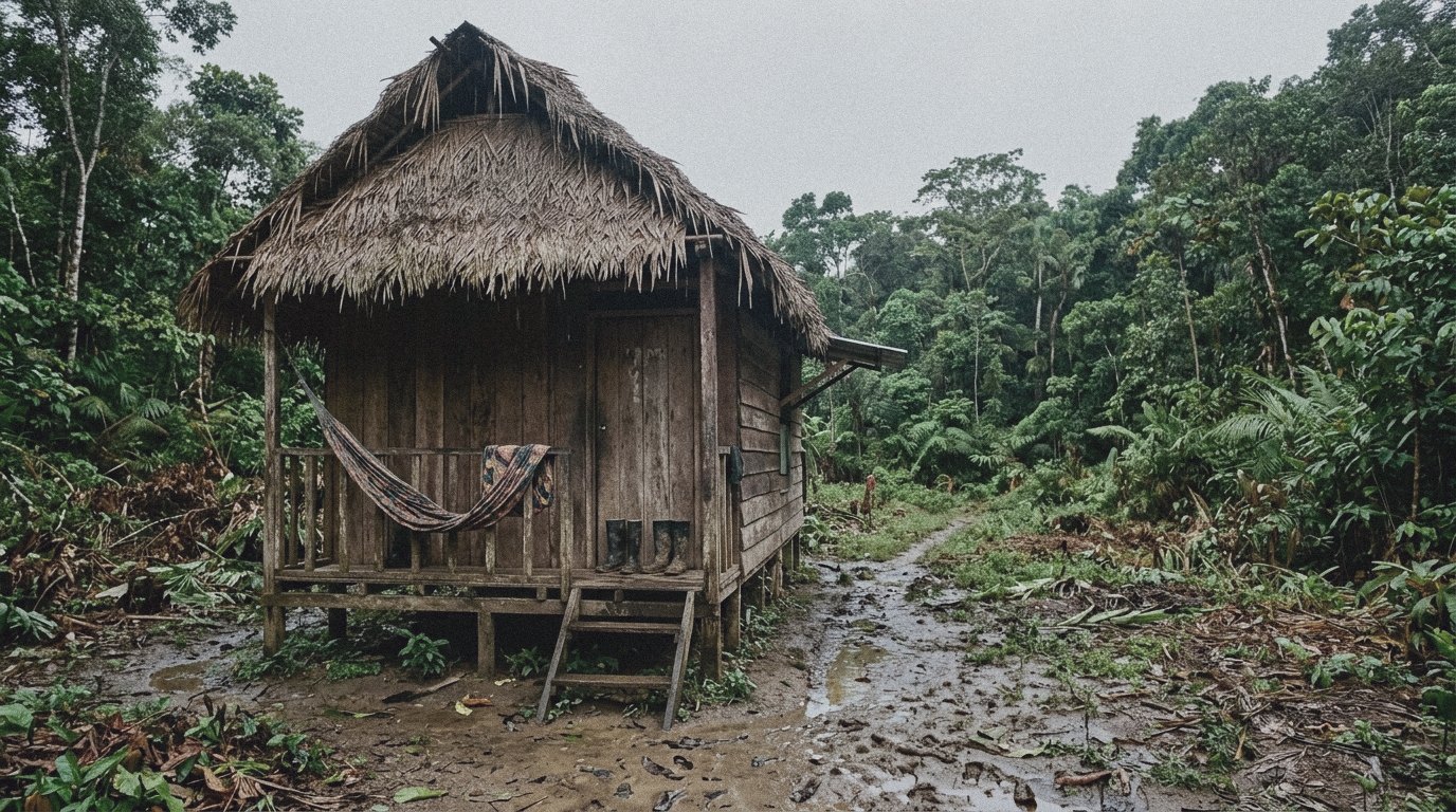 Cabaña de madera con techo de palma en un claro de selva alta tras la lluvia, con una hamaca doblada y botas de goma junto a la entrada